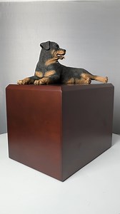 The Rottweiler Dog Cremation Urn in extra large is very popular as a dog urn, made from solid maple, oak or walnut. The dog is attached to a beautiful wood urn base (the figurines will look forward, the positioning shown was chosen by the photographer to best reveal the shape of the figurine). This urn will be a wonderful memorial for your loved pet. Bottom opening which is secured with screws, providing tamper resistant protection. #memorialscom #cremationurn #cremationurns #funeralurn #funeral