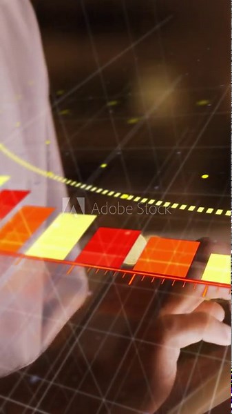 Vertical video: Hands tapping tablet, causing bars and dotted arc advancing for business insight