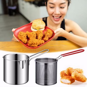 Stainless Steel Cooking Pot Deep Fryer with Basket, Fry Pot with Handle, Durable Food Grade Outdoor Mini Deep Fryer Pot with Perforated Strainer Basket for Seafood, Chicken