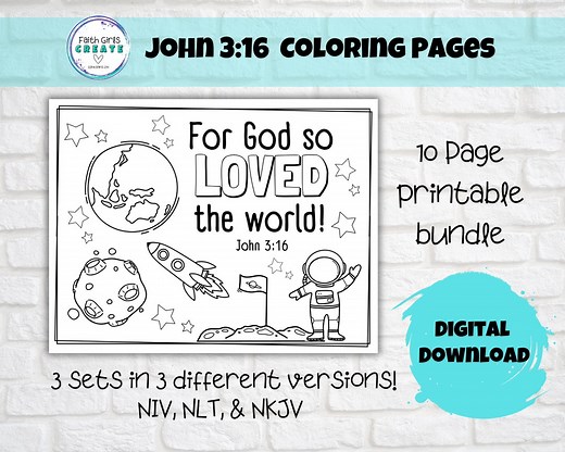 John 3:16 for God so Loved the World Set of 10 Printable Colouring Pages for Kids, Sunday School, 3 Different Bible Versions NIV, NLT, NKJV - Etsy