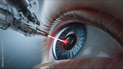 Laser eye surgery procedure with a robotic arm and a close-up view of the eye