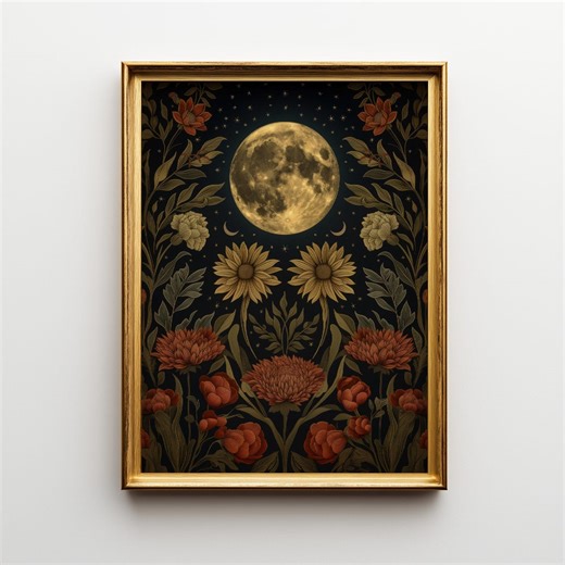 William Morris the Majestic Full Moon Art | Botanical Lunar Print | Mystical Celestial Decor | Vintage Moonlit Wall Art | Digital Download - Etsy