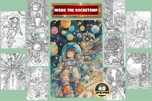 Rocket Ship Coloring Pages: Aerospace Grayscale Art (printable PDF) - Etsy