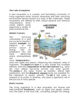 Lake Ecosystems Environmental Science Worksheet for SubPlan & Homework