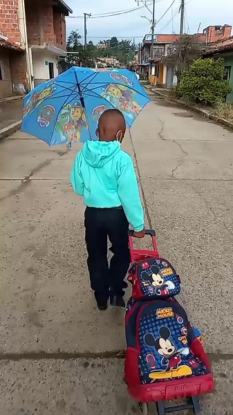 Child Walking with Disney Umbrella on Rainy Street