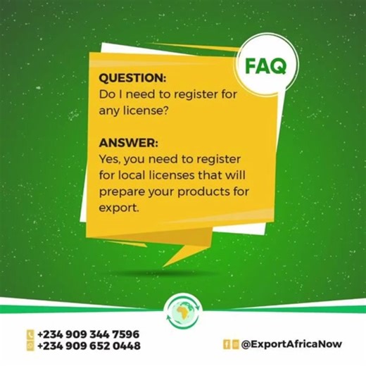 FAQ: Do you need to register for an export license? Yes, in many cases, you need to register for an export license before engaging in exporting activities. The specific requirements vary depending on the country you are exporting from and the nature of the goods or services you are exporting. Do you have any export questions for us to answer? Drop your FAQ in the comments section.... We've got the answer! #LicenseQuestions #FAQ #Lagos #Bootcamp #ExportFromAfrica #SmallBusiness #Mentorship #Sterl