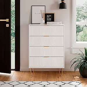 Masupu 4 Drawer Dresser, Drawer Chest, Tall Storage Chest Cabinet Organizer Unit with Metal Legs, Small Dresser for Bedroom, Living Room, Closet, Hallway White Stripe
