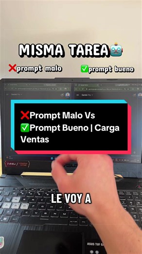 ❌Prompt Malo Vs Prompt Bueno ✅ | Google Sheets (Plantilla Ventas) 💡En este truquito le pido lo mismo a la IA de dos formas: un panel que inventa tus productos y otro que usa los tuyos y descuenta el stock solo. 📌1. Hoja Productos: Producto | Precio | Stock 📌2. Hoja Ventas: Fecha | Producto | Cantidad | Precio | Total 📌3. Extensiones > Apps Script > pegale el prompt a la IA y contestale las preguntas 📌4. Pegá Codigo.gs y creá un archivo HTML llamado Panel 📌5. Recargá la plantilla > Ventas >