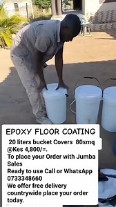 Epoxy floor paint available @ 4,800 per 20-litre bucket 🪣 📐 Coverage: One 20L bucket covers about 80 – 120 square metres per coat, depending on the floor surface. ✔ Rough/porous floor – around 80 sqm ✔ Smooth concrete floor – up to 120 sqm 👉 For 2 coats, the coverage is half. | JUMBA SALES