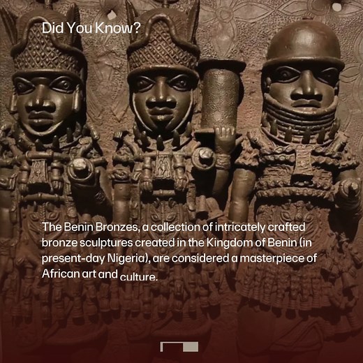 Did you know… The Benin Bronzes, a collection of intricately crafted bronze sculptures created in the Kingdom of Benin (in present-day Nigeria), hold an unparalleled place in the realm of African art and culture. These magnificent artworks, masterpieces of ingenuity and craftsmanship, offer a glimpse into the rich heritage and artistic traditions of the Benin Kingdom. Each bronze sculpture tells a story, a testament to the cultural depth and artistic brilliance that thrived in this ancient Afric