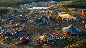 This Large crowds gather at a lively outdoor music festival with colorful tents and stages.