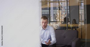 RED camera video of business partners meeting for discussing contract details and find executive solutions, Caucasian colleagues communicating in modern workspace analyzing financial report