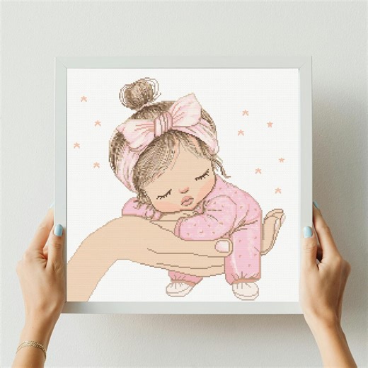 Baby Cross Stitch Pattern Instant PDF Download- Baby Girl on Hand Watercolor Cross Stitch Hand Embroidery Nursery Sleeping Baby Girl Pattern - Etsy