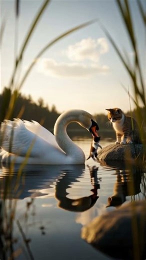 Swan Saves Kitten That Fell Into the Lake While Mom Cat Watches in Shock