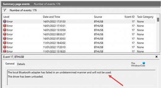 The local Bluetooth adapter has failed in an undetermined manner and will not be used