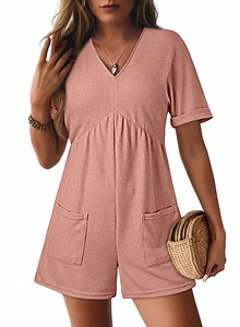 DOKOTOO Womens Rompers with Pockets V Neck Short Sleeve Short Jumpsuit Rompers Empired Waist Jumpsuit Overalls Pink M US8-10