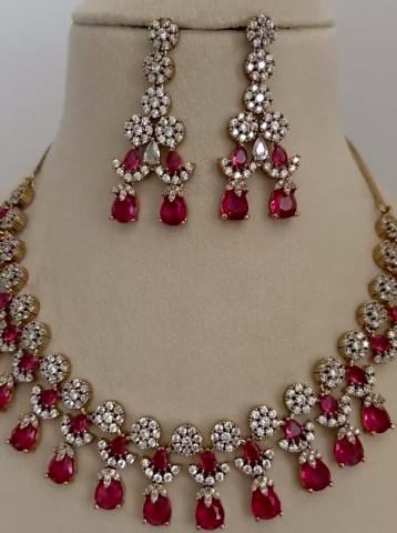 Antique Golden Cubic Zirconia Necklace Set, Lab. Diamonds Indian/pakistani Bridal Jewelry, Red - Etsy