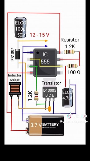 DIY Voltage Amplifier Circuit with IC 555: Step-by-Step #Tutorial #shorts #foryou List Component: 1. IC 555 or NE555, LM555, TLC555/7555/ICM7555/MC1455/KA555/HA17555/XR-555/ LMC555. 2. Ferrite Inductor 680µH. 3. NPN Transistor D13005 or DA4544 or Mosfet IRFZ44. 4. Battery 3.7V 5. Resistor 1.2KΩ, 100 Ω. 6. Electrolyte Condensator ELCO 4.7µf, 100µf. 7. Diode FR1007 or Schotky MBR20100 #voltage #booster #electronic #circuit #wiring #animation #tutorial #fyp #short #education #learn #video #viral #s