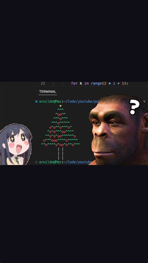 Arwildo on Instagram: "Cara membuat pohon natal dan mewarnainya dengan menggunakan bahasa pemrograman python. Kita akan menggunakan warna ANSI untuk menambahkan warna hijau untuk daunnya, merah untuk bola hiasan natalnya dan juga kuning untuk bintang diatasnya. #coding #belajarcoding #python"