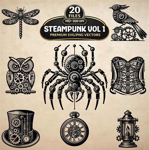 Steampunk SVG PNG Bundle, 20 Vintage Mechanical Clipart, Retro Futuristic, Victorian Vector Art for POD, Cricut, Stickers and Sublimation - Etsy