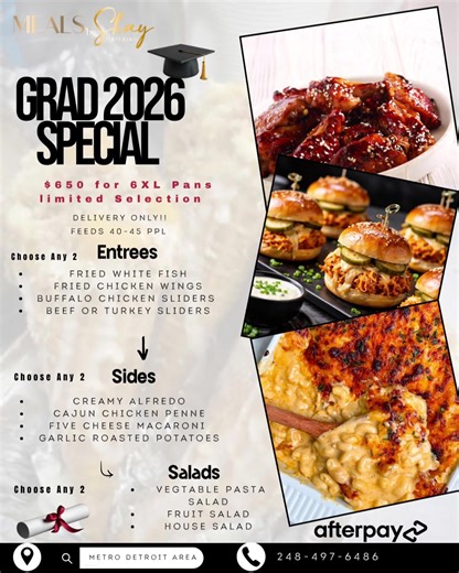 Graduation/ Prom Send Off Package • • Looking for some flavorful dishes for your grad party or prom send off. 🎓 GRAD 2026 SPECIAL IS HERE 🎓 Celebrate your graduate with flavor, style, and zero stress — Meals by Shay has you covered 🍽️✨ For just $650, enjoy: ✔️ 6 XL pans (feeds 40–45 guests) ✔️ Choose ANY 2 entrees ✔️ Choose ANY 2 sides ✔️ Choose ANY 2 salads From crispy wings & sliders to creamy, cheesy favorites… this is the kind of spread your guests won’t forget 🔥 🚚 Delivery Only | Metro