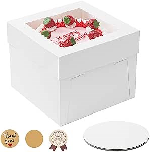 3 Pack Cake Boxes 12 Inch, White Square Cake Boxes with Cake Boards, Disposable Cardboard Cake Containers with Lids for Pastry Donuts Pies Cookies Dessert Wedding Birthday Party (12×12×8 In)