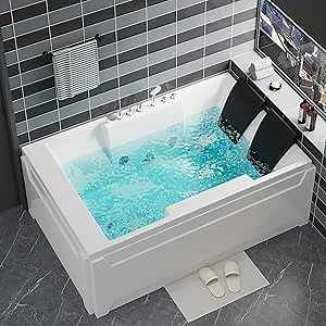 72”Acrylic Bathtub,2 Person Hydromassage Tub,Rectangular Jetted Soaking Tub Water Faucet Dual Pillow for Home Spa,Bathroom LED Chemotherapy Jets Double Ended Tub,White