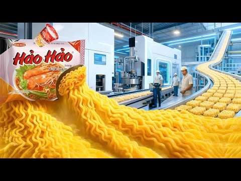 Inside a noodle factory, how are millions of noodle packets produced?