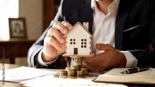 Businessman holds house model on coin stack for investment concept. Person shows property on money stack. House model sits on coins. Investment advisor holds house. Property on coin savings.