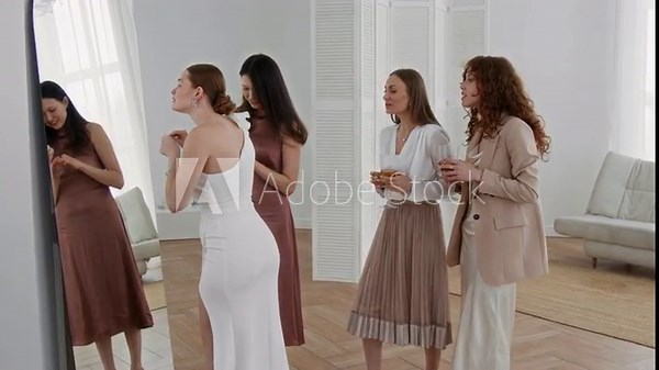 Bridesmaid helping bride with jewelry while their friends having fun and drinking champagne