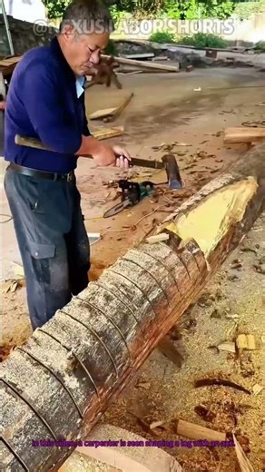Traditional Carpenter Shapes Log with Axe – Incredible Woodworking Craft