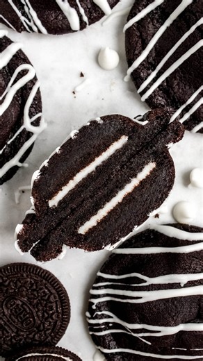 Emily | My Messy Kitchen | Stuffing Oreo cookies inside chocolate fudge cookies drizzled in white chocolate? Sign me up 😏 ✨ if you want the full recipe comment... | Instagram