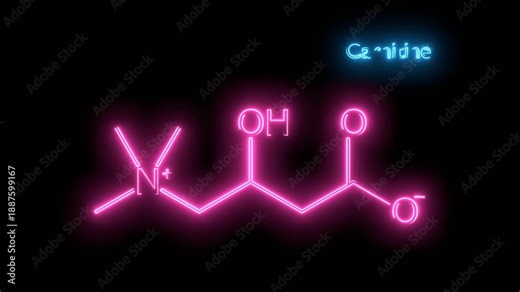 Carnitine food supplement molecule, chemical structure Skeletal formula of vitamin B11. Neon glowing.