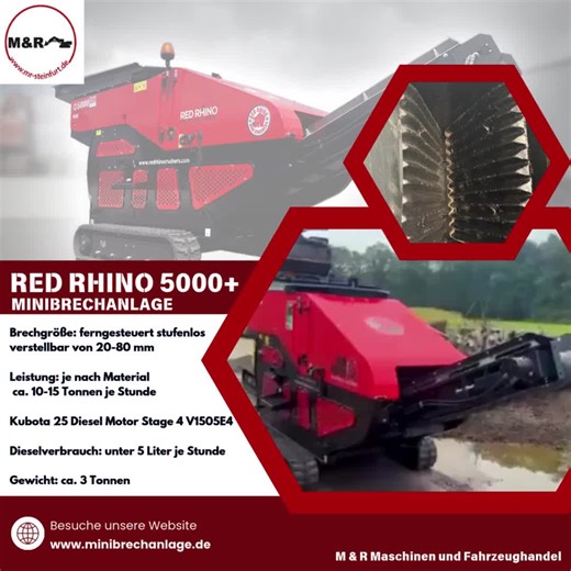🚀 RedRhino 5000 Plus – der kompakte Premium-Backenbrecher! 🚀 Effizient, flexibel und ideal für Profis im GaLaBau, Bauunternehmen oder Maschinenverleih – der RedRhino 5000 Plus ermöglicht die einfache Aufbereitung von eigenem Material und spart dabei Zeit sowie Entsorgungskosten. 🔹 Vollwertiger Vibrationsaufgabebunker für kontinuierliche Materialzufuhr 🔹 Funkfernbedienbar & kinderleichte Bedienung – Inbetriebnahme in Sekunden 🔹 Stufenlos einstellbare Brechgröße von 20–80 mm 🔹 Leistung: ca. 