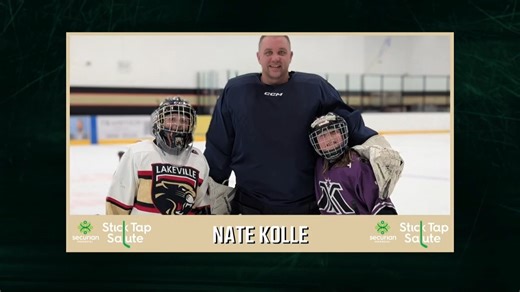This month's Stick Tap Salute presented by Securian Financial recognized Nate Kolle from the Lakeville Youth Hockey Association. Thank you, Nate, for your dedication and outstanding contributions to our local hockey community! #MNWildCommunity | Minnesota Wild Gives Back