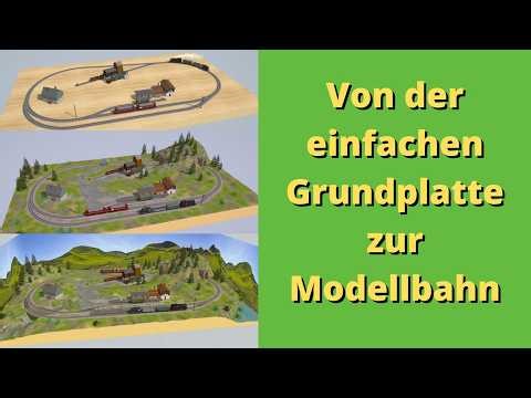 The starting oval is transformed into a fine model railway with terrain and background.