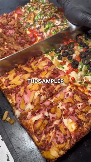 Louie's Pizza 🍕 on Instagram: "Have you tried our famous SAMPLER PIZZA?! 🍕 The Hawaiian, Meatza, Supreme, and Veg-Out specialty pizzas all on a single pizza pie! You can place an order for pick-up or delivery at OrderLouies.com 📍 54786 Dequindre Rd, Shelby Township (Kroger Plaza) 📍 11515 26 Mile Rd, Washington Twp. (Mr. C’s Plaza) #louiespizza #orderlouies #shelbytownship #macomb #michigan #detroitstyle #pizza"