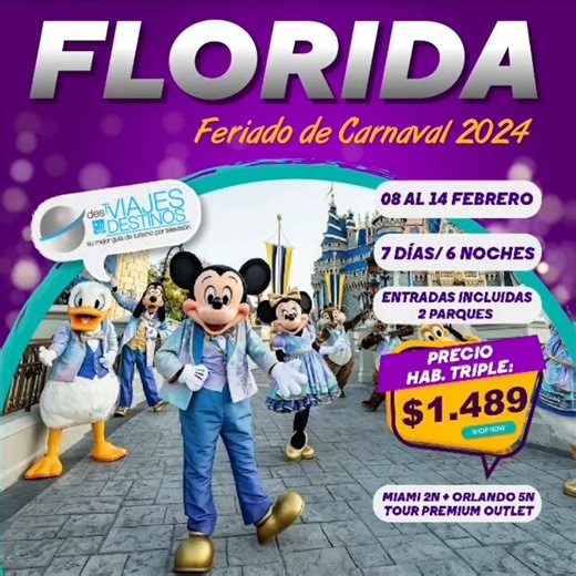 ✨La Magia de Disney te espera este Feriado de Carnaval! ✨ INCLUYE DEL 08 AL 14 DE FEBRERO: ● Boleto aéreo Quito – Miami – Quito (Vía Avianca) con Equipaje ● Traslado Aeropuerto – hotel Miami ● (01) noche de alojamiento en Miami en hotel 3*S con desayuno tipo buffet (7am-9am) ● Traslado Miami – Orlando ● (04) Noches de alojamiento en Orlando en hotel 3* S con desayuno ● Tour de compras Premium Outlet en Orlando ● Entrada y traslados a parques: (02) días Sea World & Aquatica (1 día por parque) *CO