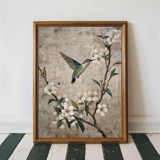 Hummingbird Blossom Printable Art, Vintage Botanical Bird Wall Art, Neutral Cottagecore Floral Painting, Moody Spring Digital Download - Etsy