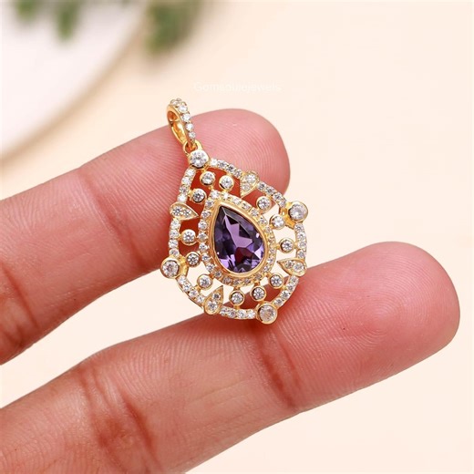 Amethyst With CZ Pendants Fine Sterling Silver Jewelry Artisan Made Wedding Wear Pendants for Her - Etsy