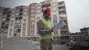 Construction inspector with blueprints on building site. Engineer in protective workwear checking technical design project construction of apartment buildings. Architect examining building plans.