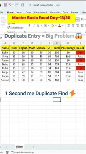 Excel Me Duplicate Entry 1 Sec Me Dhundho! 😱 | Day 13/30 #shorts