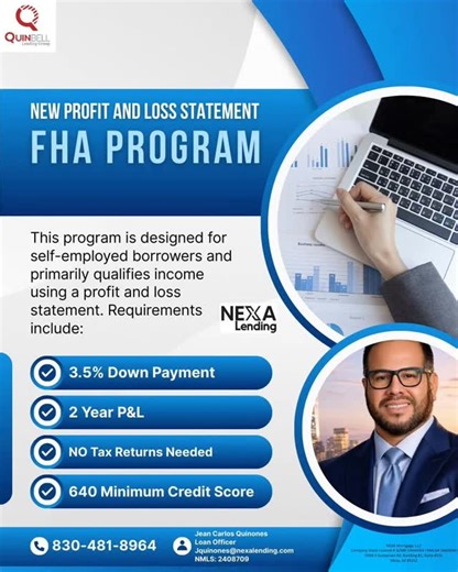 Jean Carlos Quinones Belledonne on Instagram: "📢 ATTENTION: Self-Employed & Small Business Owners! Introducing our new FHA P&L Program. The Rules Have Changed: No Tax Returns Required: We calculate your income using a simple 2-year Profit & Loss statement. Low Entry Cost: Buy your home with just 3.5% down. 🏠 Seller Paid Costs: Get up to 6% in seller concessions to help cover your closing costs (keep your capital in your business!). 💰 You work hard for your money. It’s time you had a loan prog
