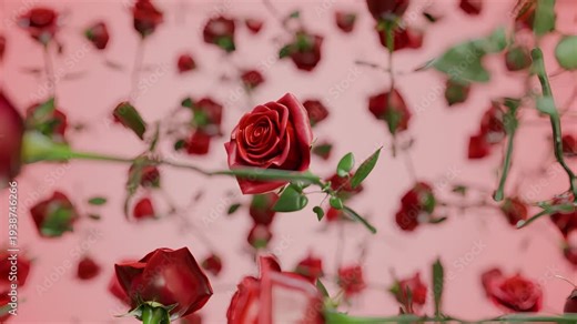 3D animation of elegant red roses with green stems falling and floating in the air, realistic floral motion graphics for romance, Valentine's Day, and luxury beauty concepts.