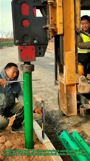 Guardrail Post Installation: Machinery Drives Posts Into Ground for Road Safety