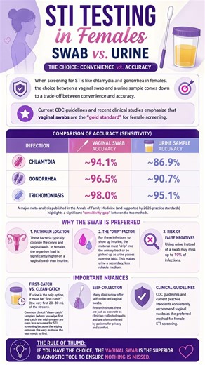 Female STD screen: vaginal swab vs a urine sample 女性性病筛查：阴道拭子和尿样\n\nWhen screening for STIs like chlam