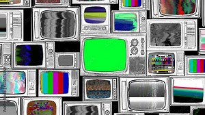 Green screen TV among many no signal retro television, noise, bad reception, tv static. For chroma key, compositing, cut out integration about information media treatment. zoom in, then fixed shot.