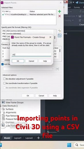 Importing points using a csv file / Autocad civil 3D #caddesigns #cadquery #autocad #dwg