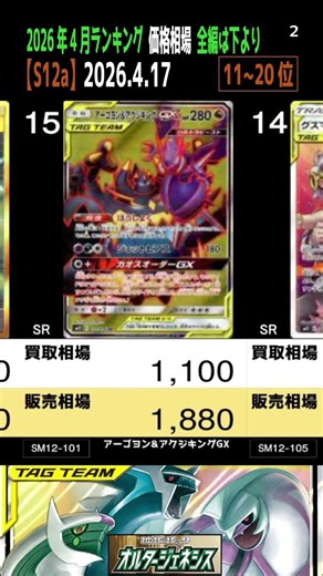 ②/3 (SM12)全編は上より【発売6年8ヶ月後 価格相場TOP30】オルタージェネシス【2026.4.17】ポケカ ポケモンカード 新弾 相場
