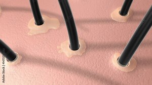 Oily hair, increased dandruff, damaged hair, excessive secretion of sebum from hair follicles. The pores are filled with sebum around the hair follicles, and the scalp becomes greasy.3d animation.